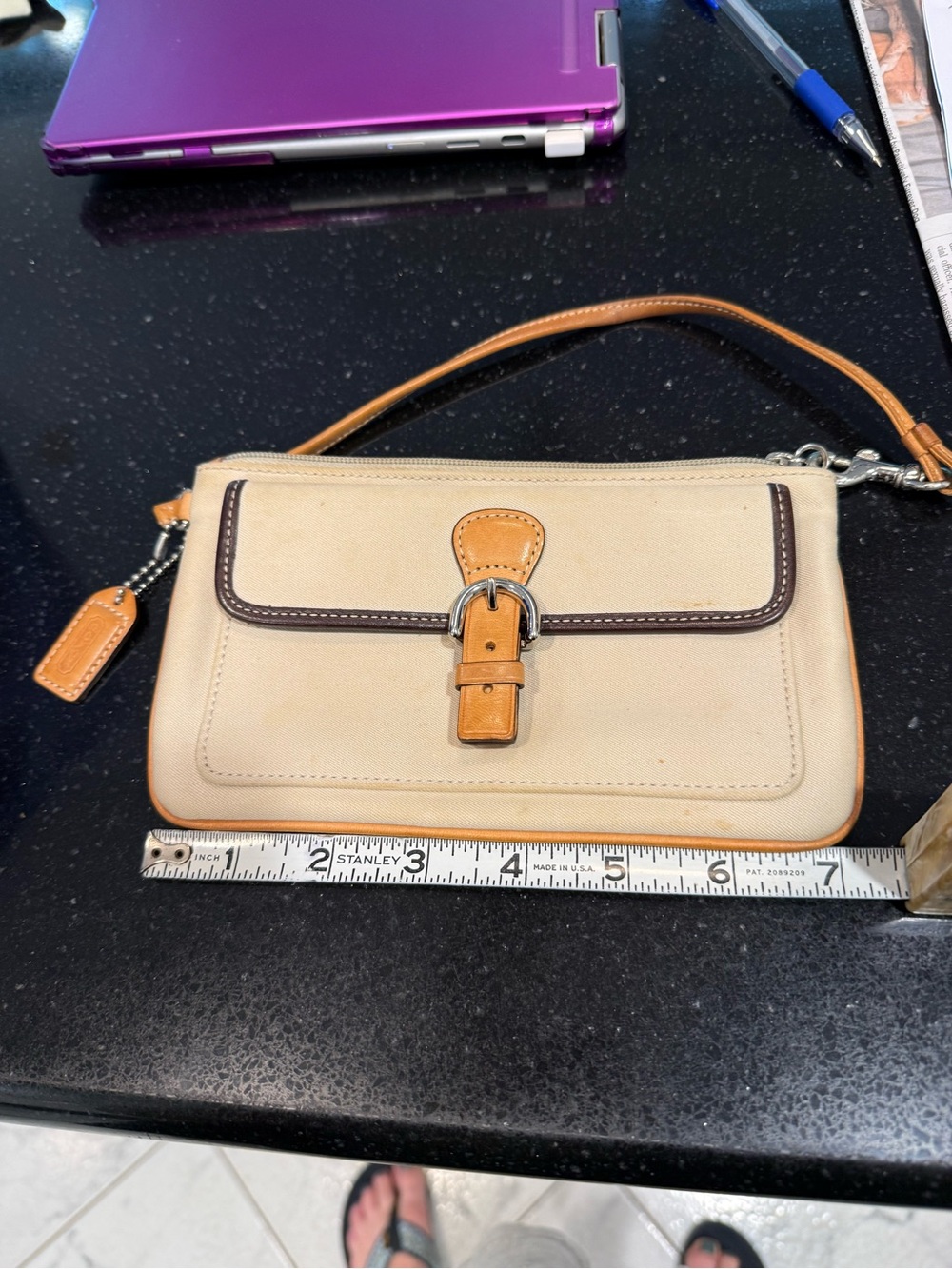 Coach Cream and Tan Leather Buckle Wristlet with Dark Trim